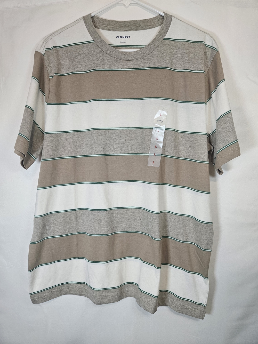 Old Navy Men's Taupe, White & Gray Striped Crew Neck Tee with Green Trim